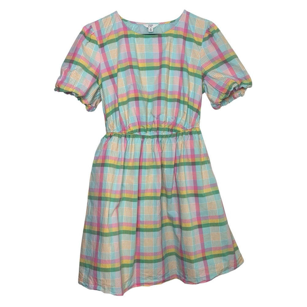 Crown & Ivy Pastel Plaid Puff Sleeve Fit & Flare Dress Medium Preppy Cotton